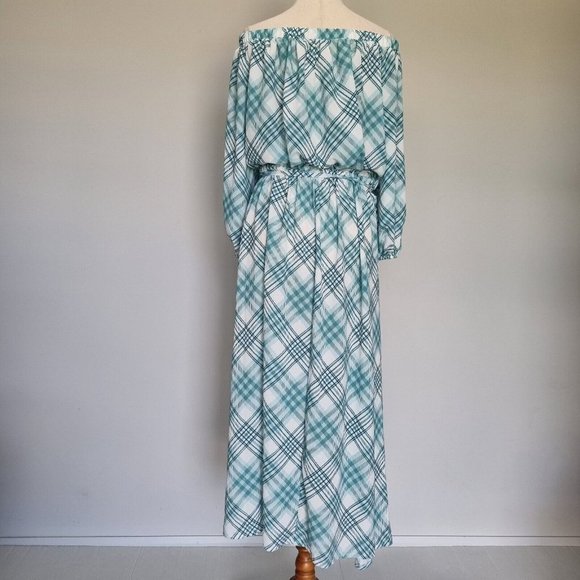 Boho Bird Birdsnest White & Green Plaid Maxi Dress with Belt Plus Size 22 - Picture 5 of 8
